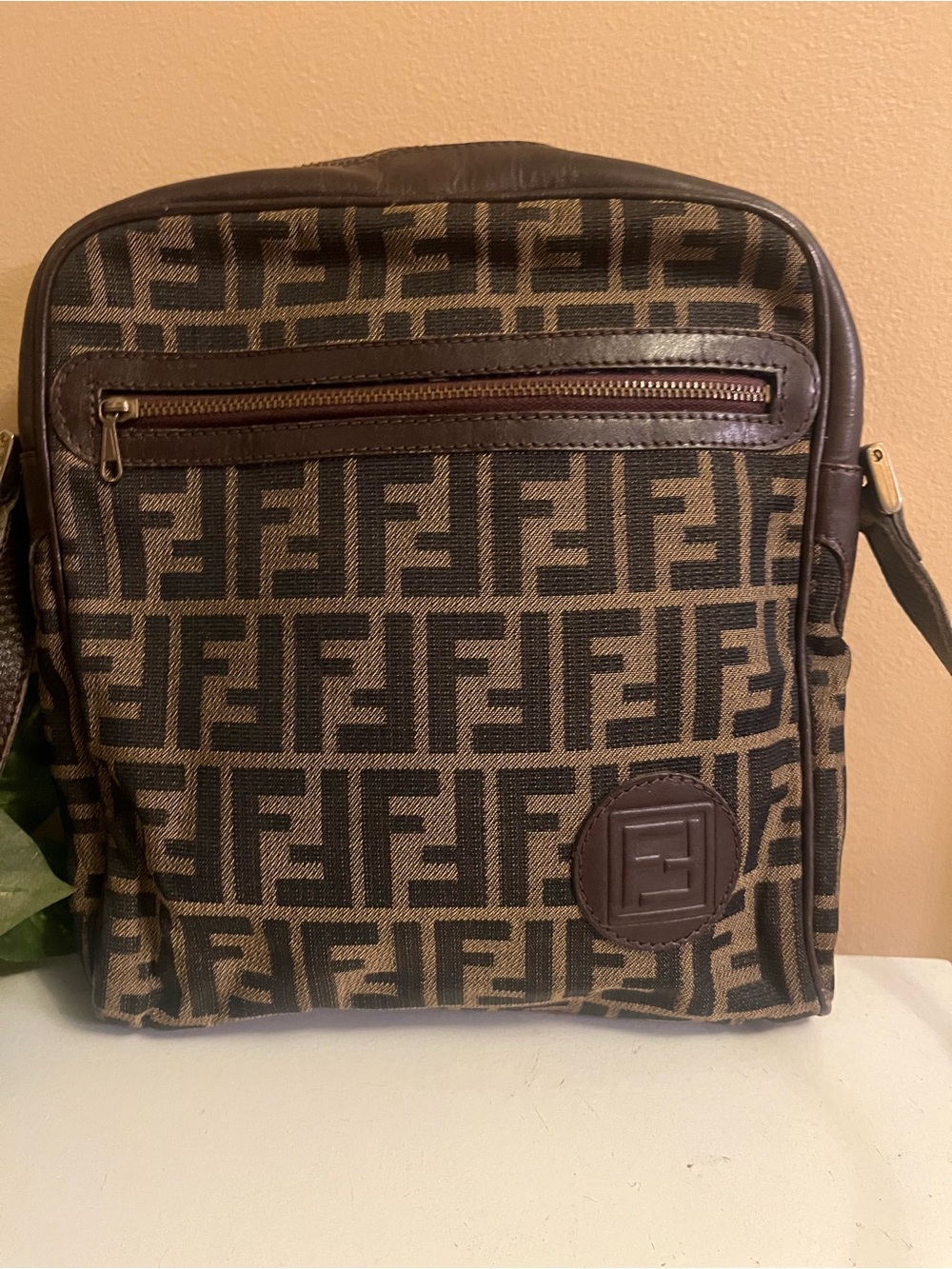 Fendi Dark Brown and Tan FF Monogram Messenger Bag…Unisex